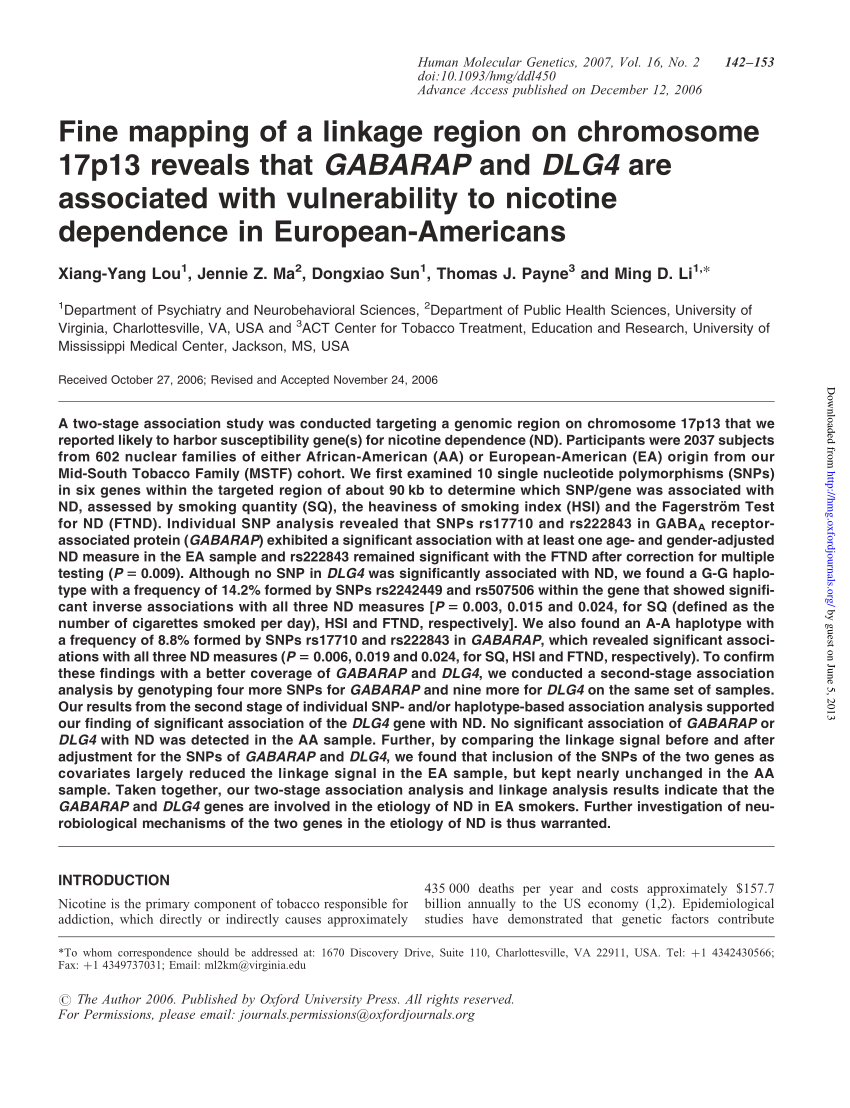 Pdf Fine Mapping Of A Linkage Region On Chromosome 17p13 Reveals That Gabarap And Dlg4 Are Associated With Vulnerability To Nicotine Dependence In European Americans