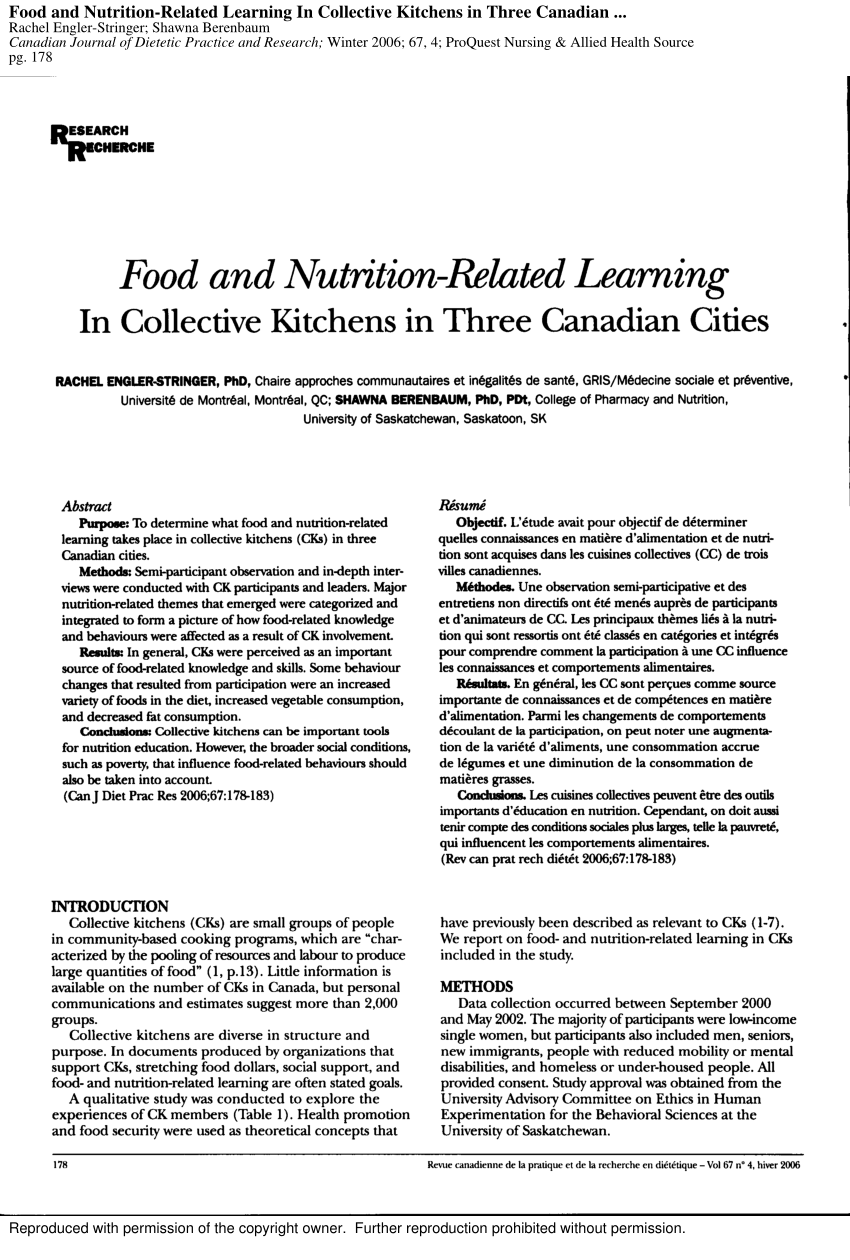 Pdf Food And Nutrition Related Learning In Collective Kitchens In Three Canadian Cities