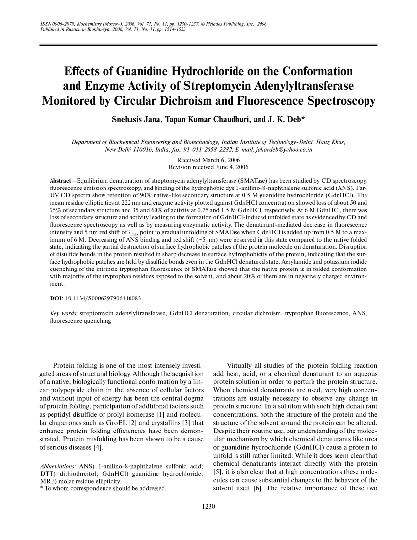 Pdf Effects Of Guanidine Hydrochloride On The Conformation And Enzyme Activity Of Streptomycin Adenylyltransferase Monitored By Circular Dichroism And Fluorescence Spectroscopy