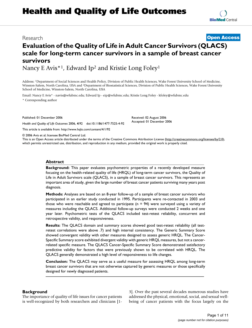 Pdf Evaluation Of The Quality Of Life In Adult Cancer Survivors Qlacs Scale For Long Term Cancer Survivors In A Sample Of Breast Cancer Survivors