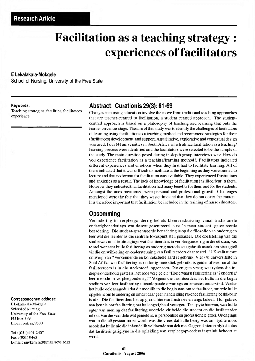 Pdf Facilitation As A Teaching Strategy Experiences Of Facilitators