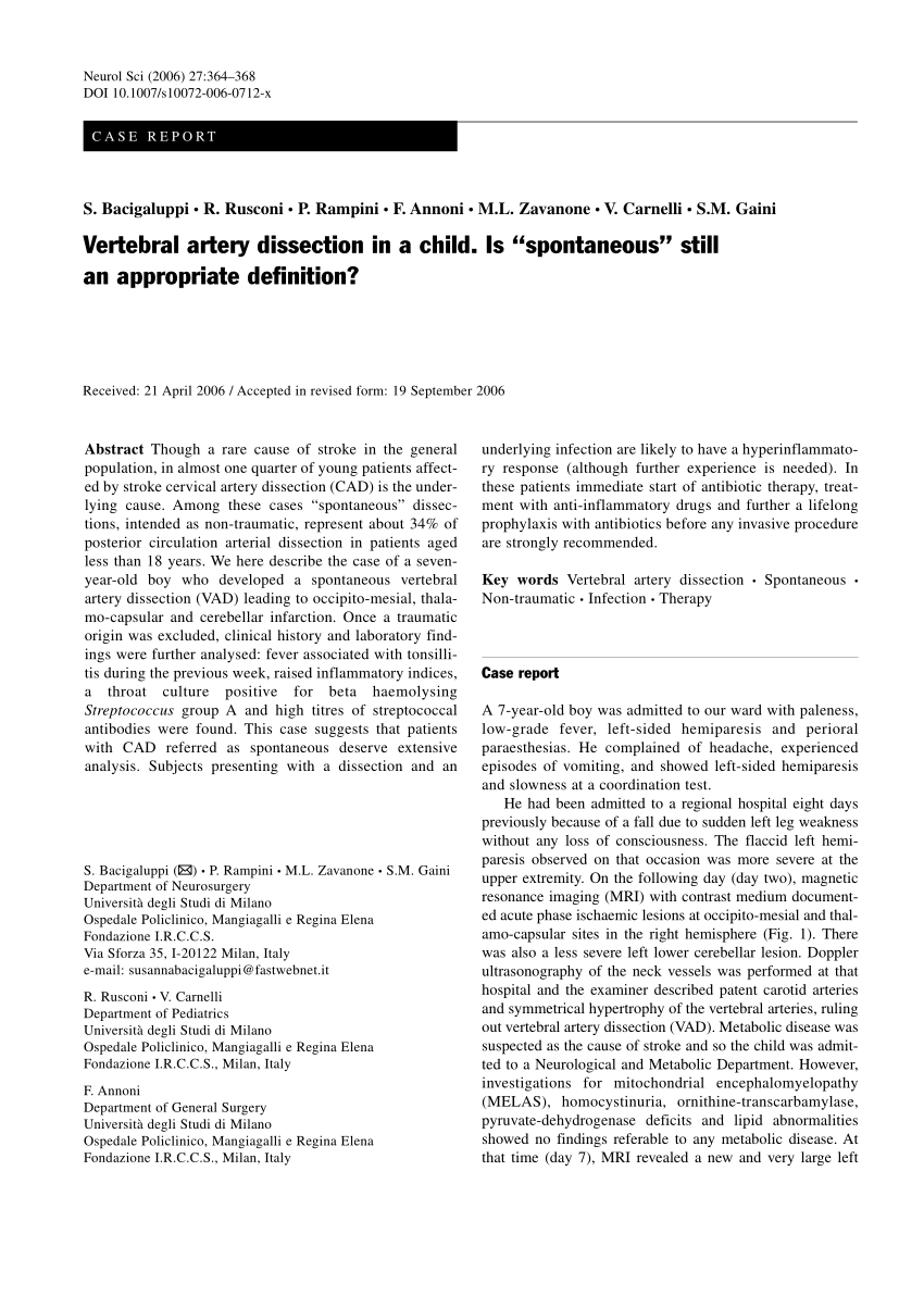 (PDF) Vertebral artery dissection in a child. Is "spontaneous" still an