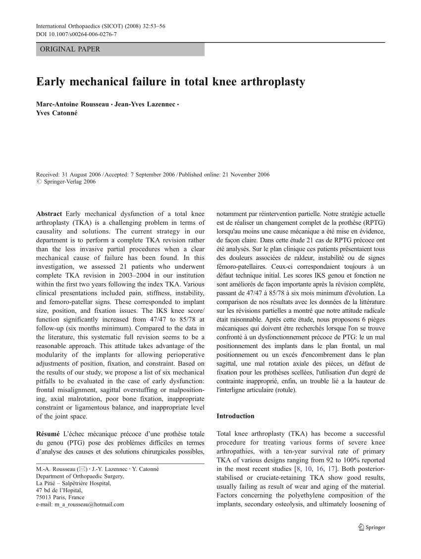 PDF) Early mechanical failure in total knee arthroplasty