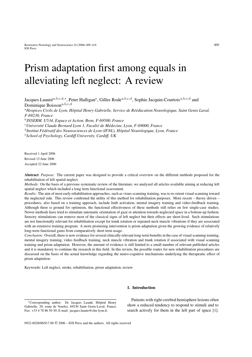 Pdf Prism Adaptation First Among Equals In Alleviating Left Neglect A Review
