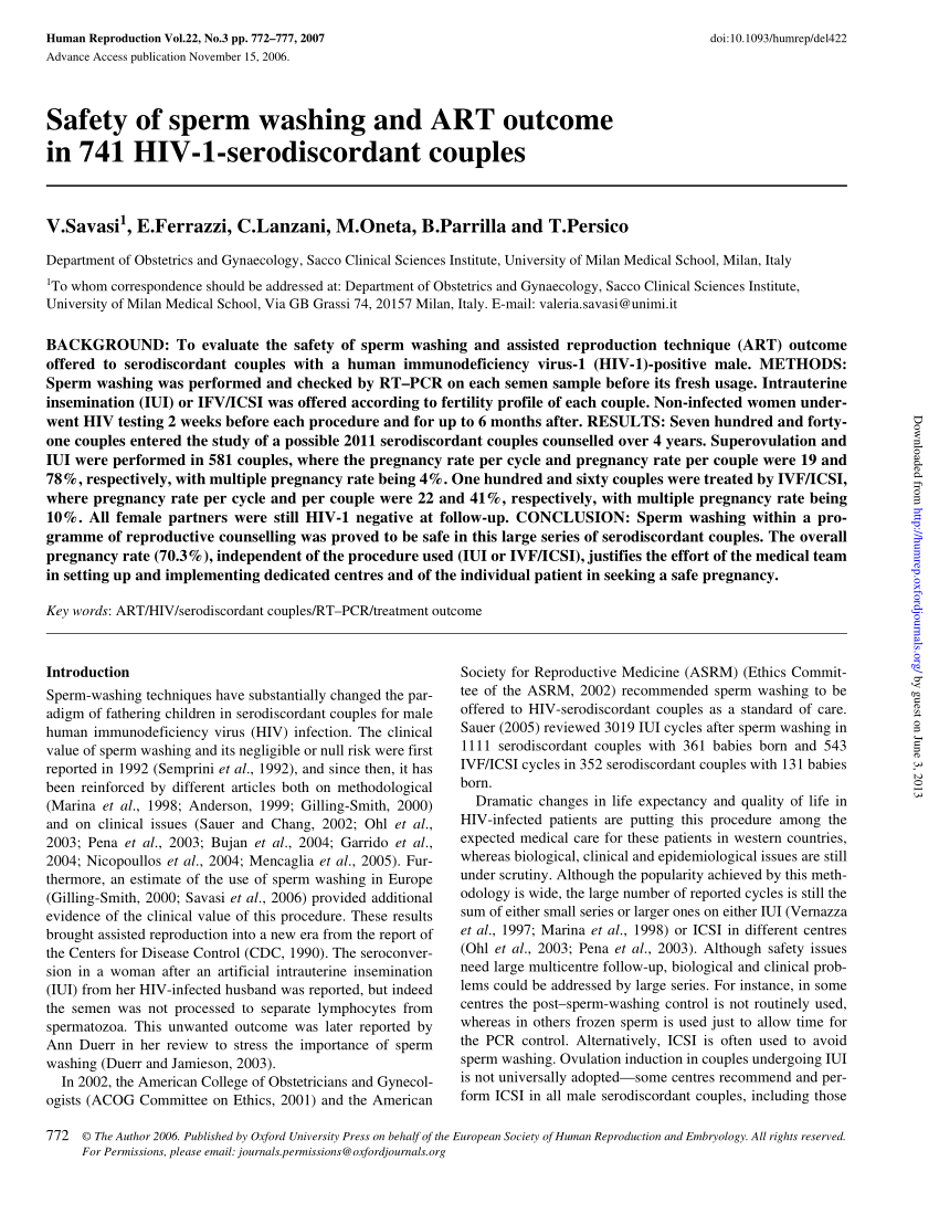 Pdf Safety Of Sperm Washing And Art Outcome In 741 Hiv 1 Serodiscordant Couples 4152