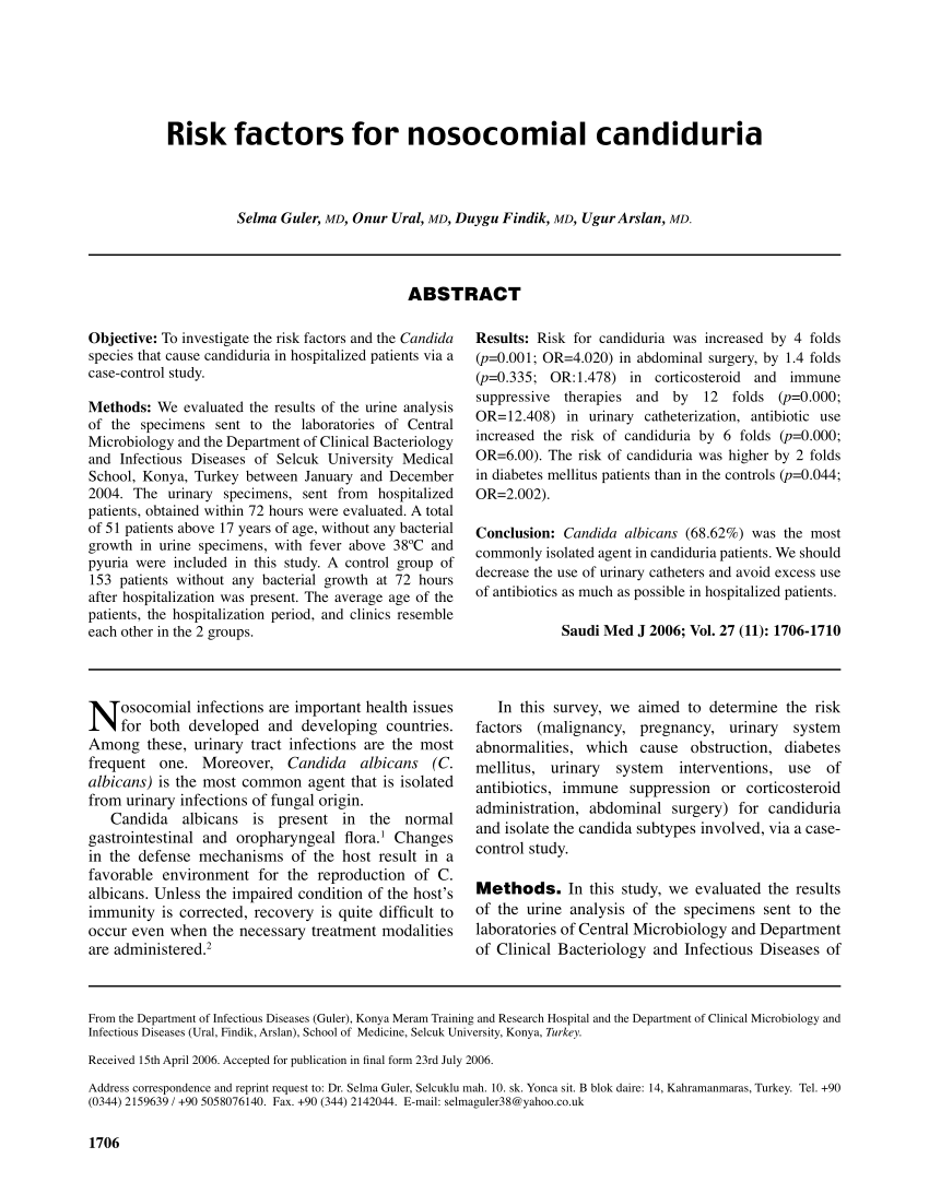 PDF Risk factors for nosocomial candiduria 