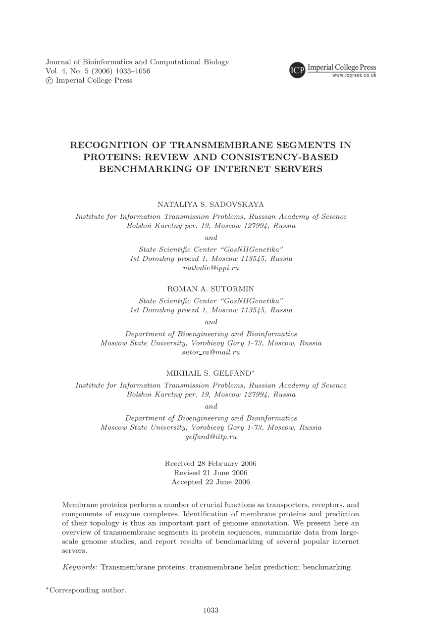 Pdf Sadovskaya N S Sutormin R A Gelfand M S Recognition Of Transmembrane Segments In Proteins Review And Consistency Based Benchmarking Of Internet Servers J Bioinform Comput Biol 4 1033 1056