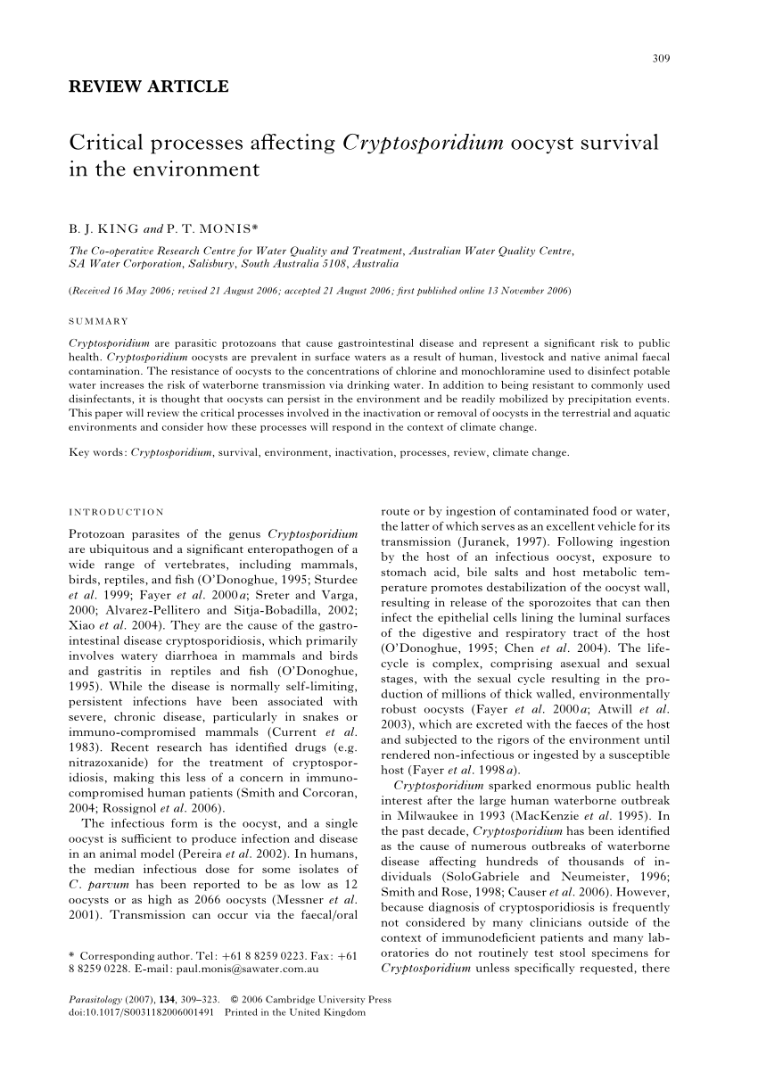 PDF) Critical processes affecting Cryptosporidium oocyst in environment