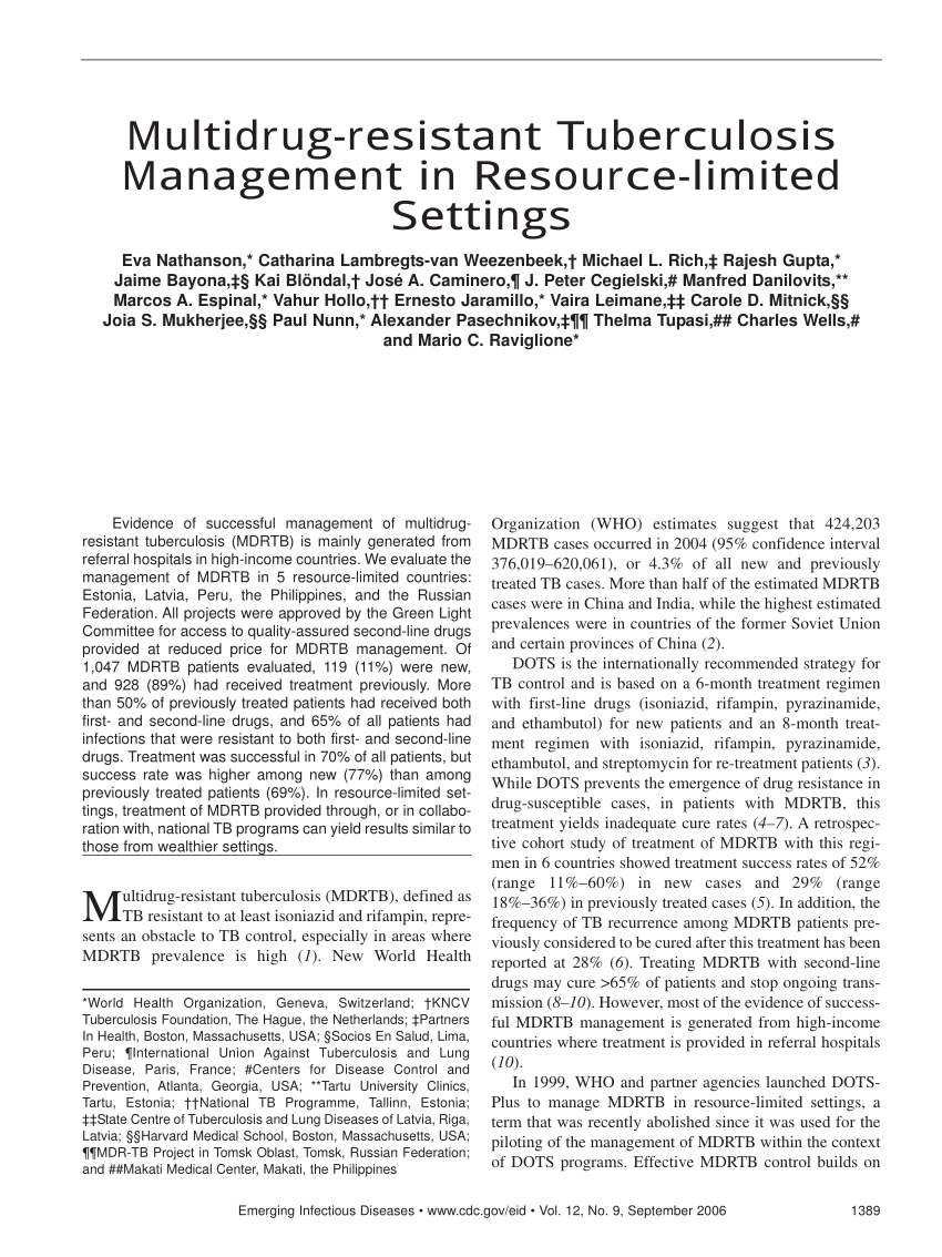 (PDF) Multidrugresistant Tuberculosis Management in Resourcelimited