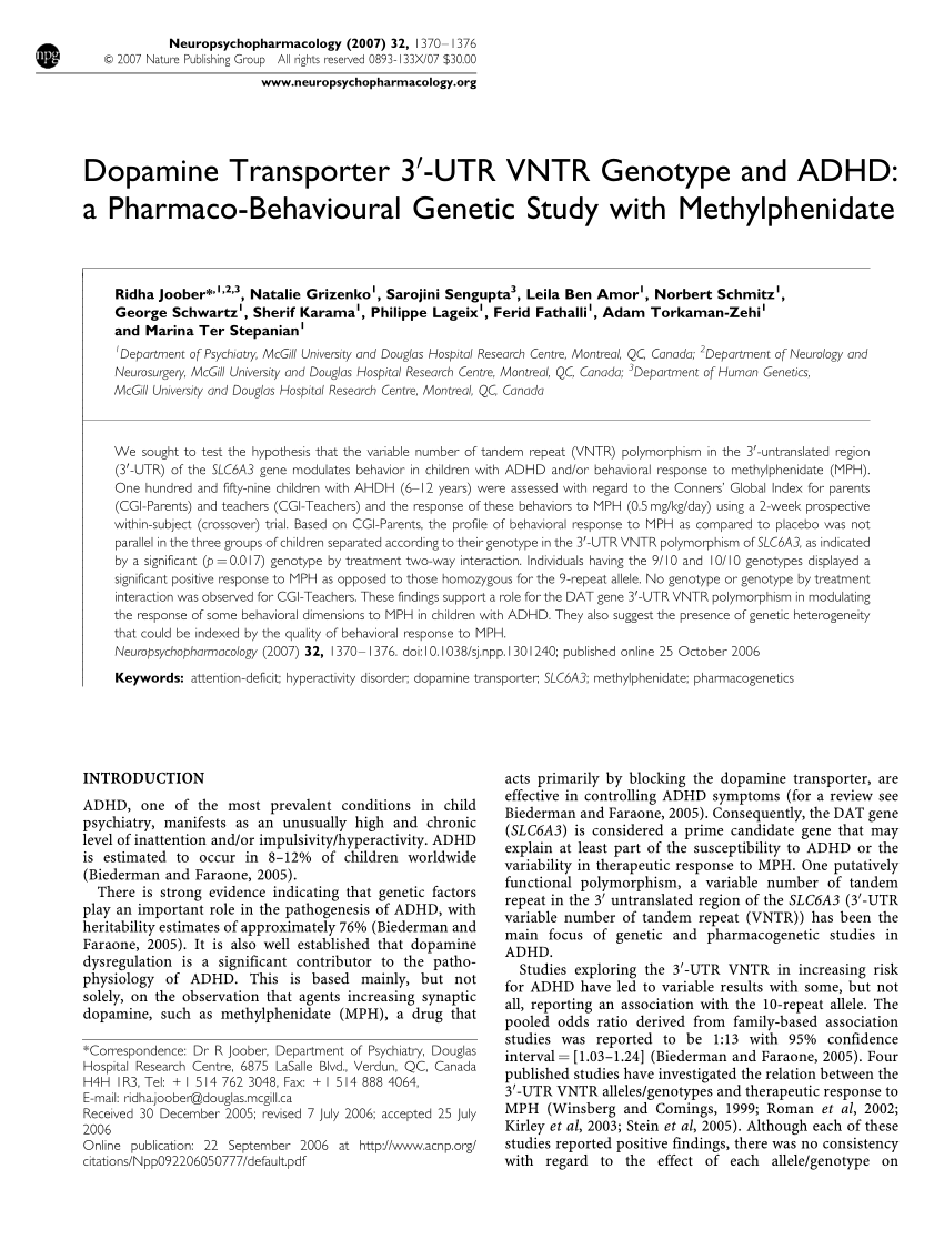 PDF) Dopamine Transporter 3′-UTR VNTR Genotype and ADHD: a ...