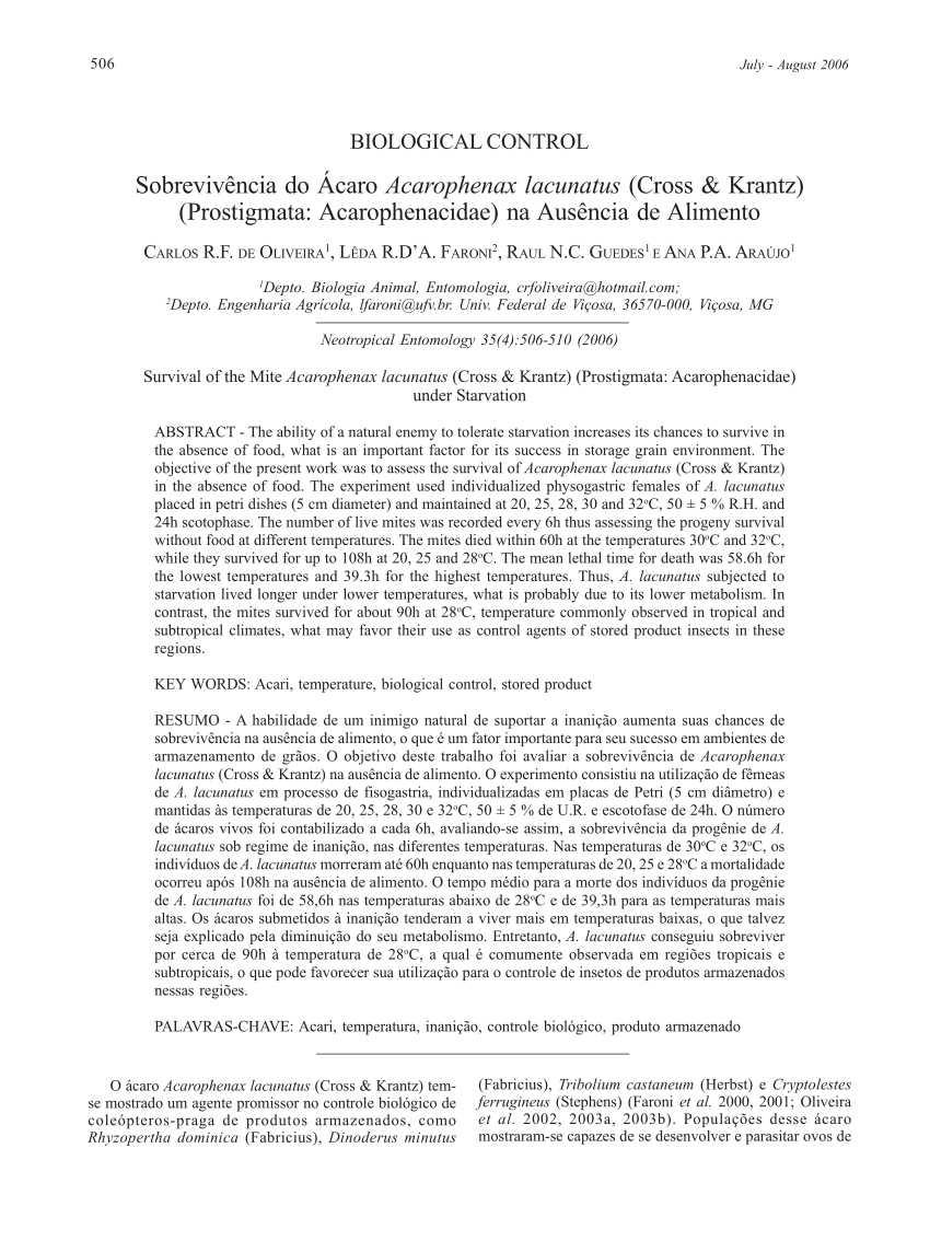 Pdf Survival Of The Mite Acarophenax Lacunatus Cross And Krantz Prostigmata Acarophenacidae 4027