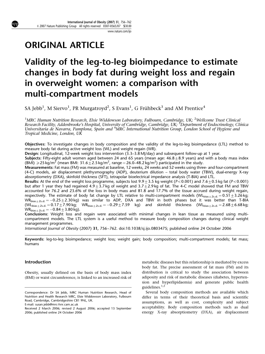 Pdf Validity Of The Leg To Leg Bioimpedance To Estimate Changes