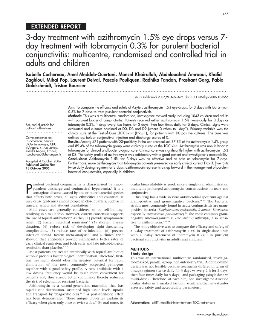 Pdf 3 Day Treatment With Azithromycin 15 Eye Drops Versus 7 Day Treatment With Tobramycin 0 0501