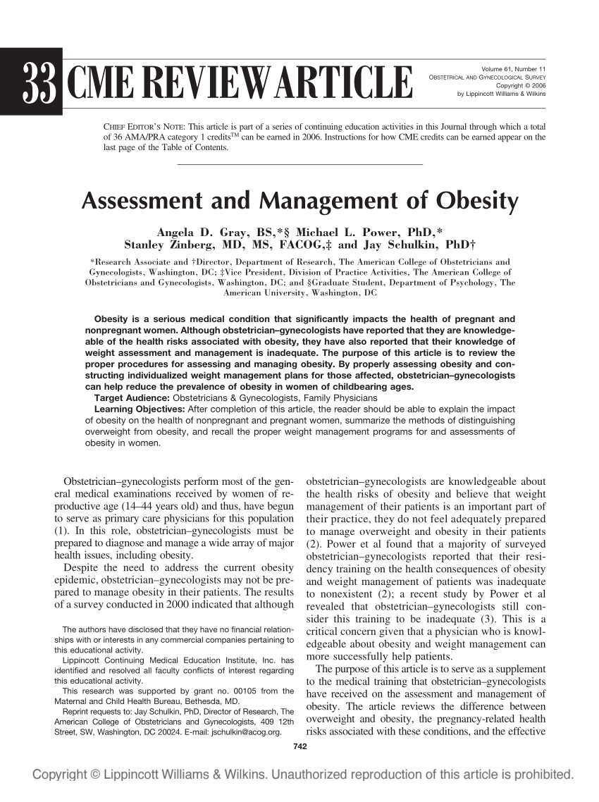 Pdf Assessment And Management Of Obesity 