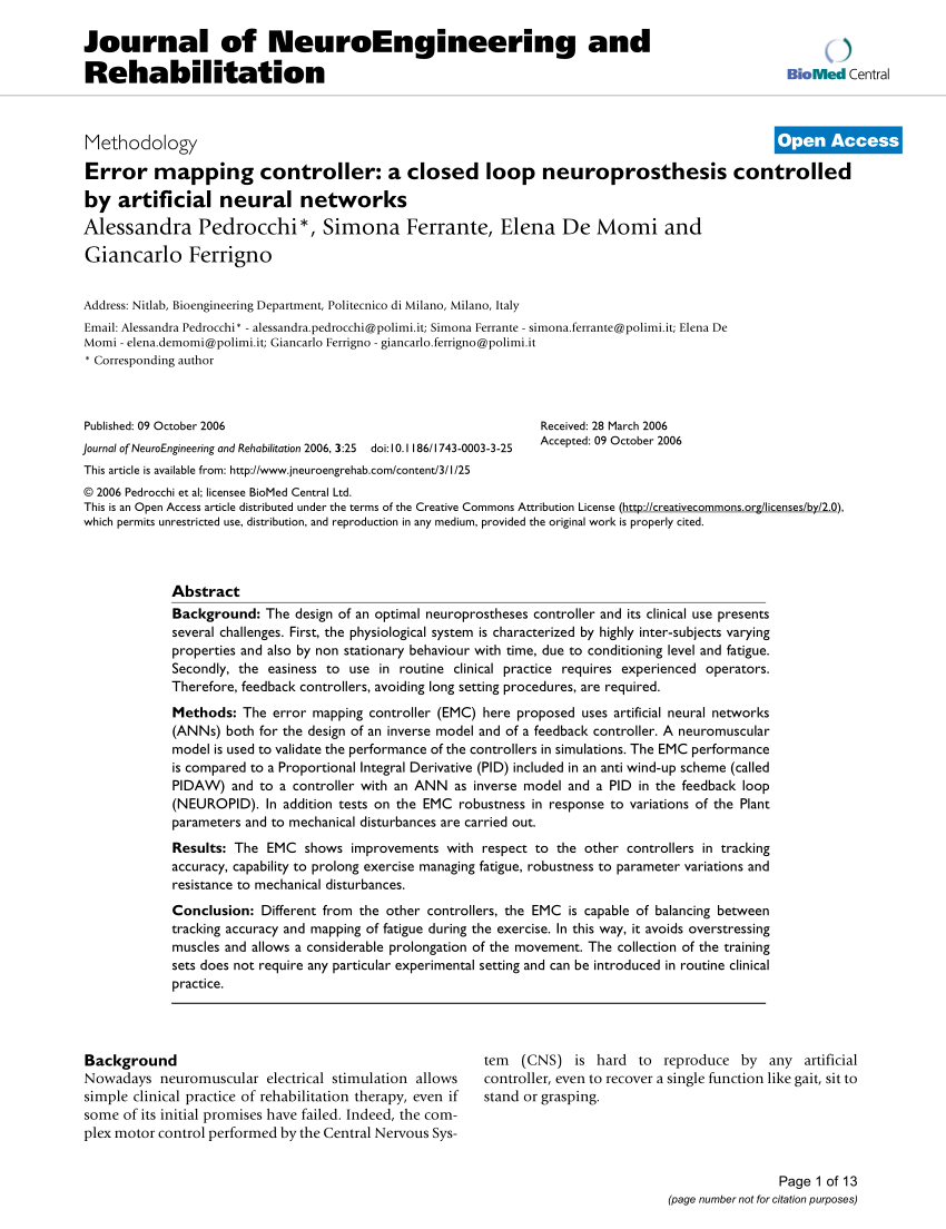 Pdf Error Mapping Controller A Closed Loop Neuroprosthesis Controlled By Artificial Neural Networks