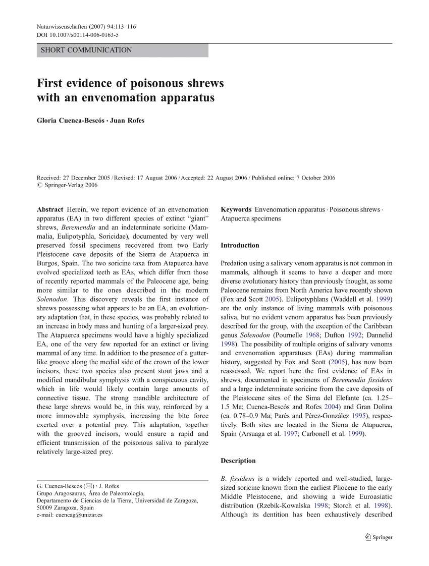 PDF) First evidence of poisonous shrews with an envenomation apparatus