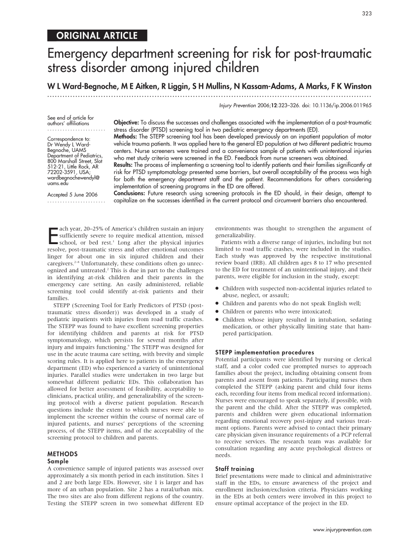 Pdf Emergency Department Screening For Posttraumatic Stress