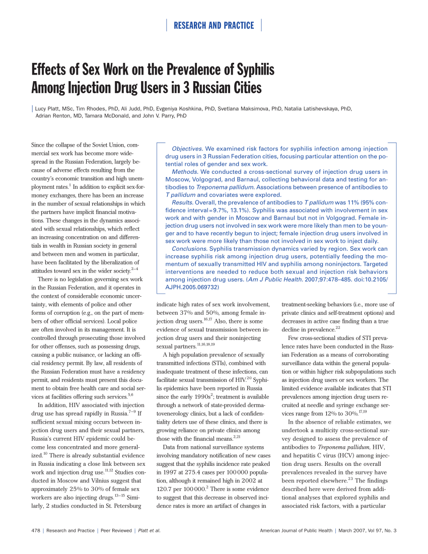 PDF) Effects of Sex Work on the Prevalence of Syphilis Among Injection Drug  Users in 3 Russian Cities