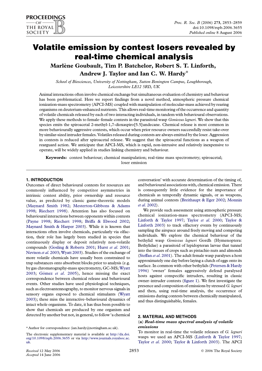 Pdf Volatile Emission By Contest Losers Revealed By Real Time Chemical Analysis