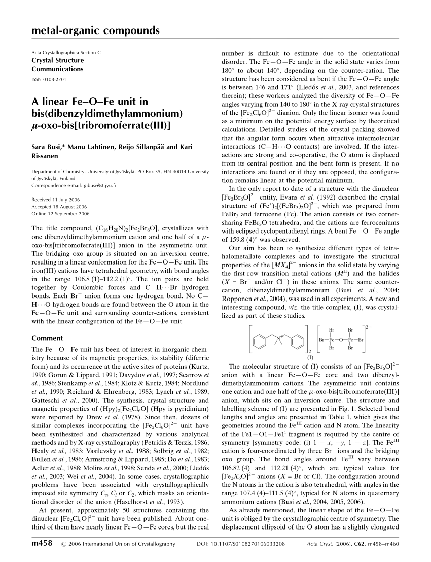 Pdf A Linear Fe O Fe Unit In Bis Dibenzyldimethylammonium M Oxo Bis Tribromoferrate Iii