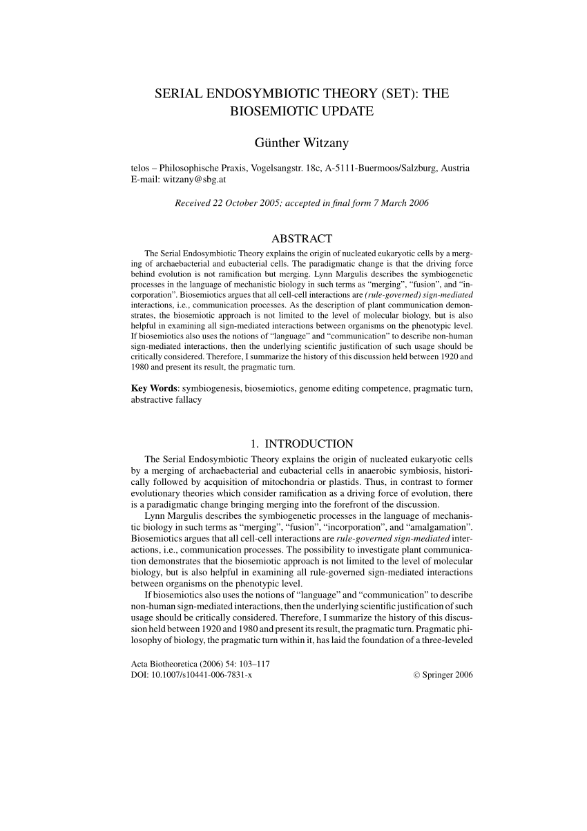 PDF Serial Endosymbiotic Theory SET The biosemiotic update