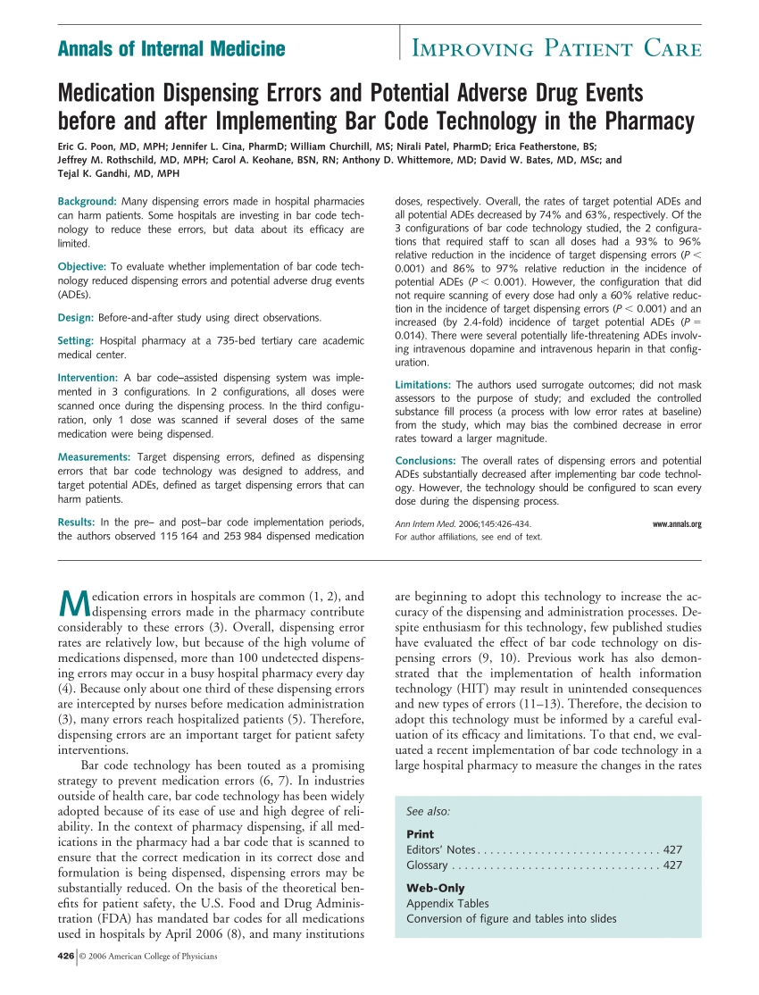 Pdf Medication Dispensing Errors And Potential Adverse Drug Events Before And After Implementing Bar Code Technology In The Pharmacy