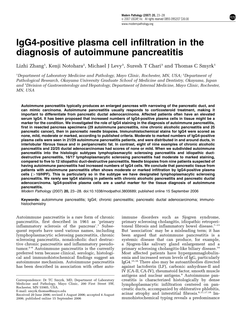 Pdf Igg4 Positive Plasma Cell Infiltration In The Diagnosis Of Autoimmune Pancreatitis