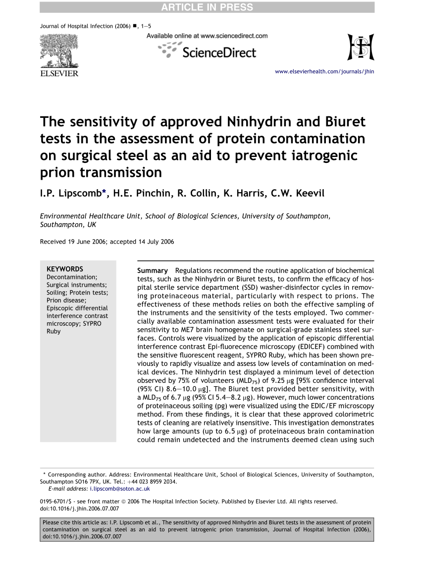 Pdf The Sensitivity Of Approved Ninhydrin And Biuret Tests In The Assessment Of Protein Contamination On Surgical Steel As An Aid To Prevent Iatrogenic Prion Transmission