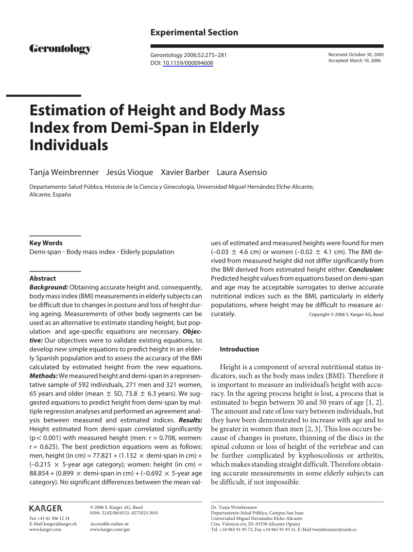 Pdf Estimation Of Height And Body Mass Index From Demi Span In