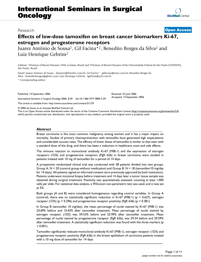 PDF) Effects of low-dose tamoxifen on breast cancer biomarkers Ki-67,  estrogen and progesterone receptors