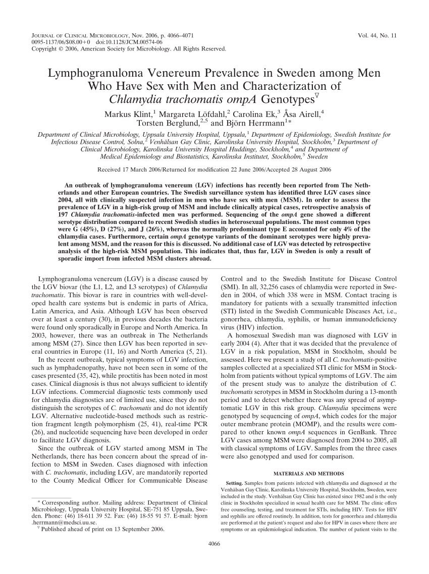 Pdf Lymphogranuloma Venereum Prevalence In Sweden Among Men Who Have Sex With Men And 