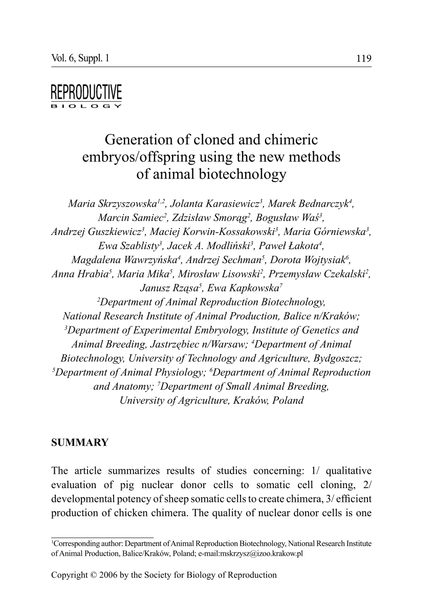 PDF) Generation of cloned and chimeric embryos/offspring using the new  methods of animal biotechnology