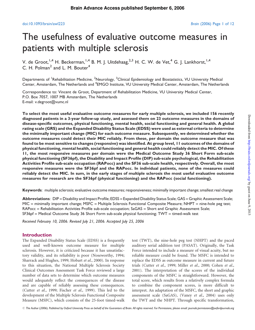 Pdf The Usefulness Of Evaluative Outcome Measures In Patients With Multiple Sclerosis