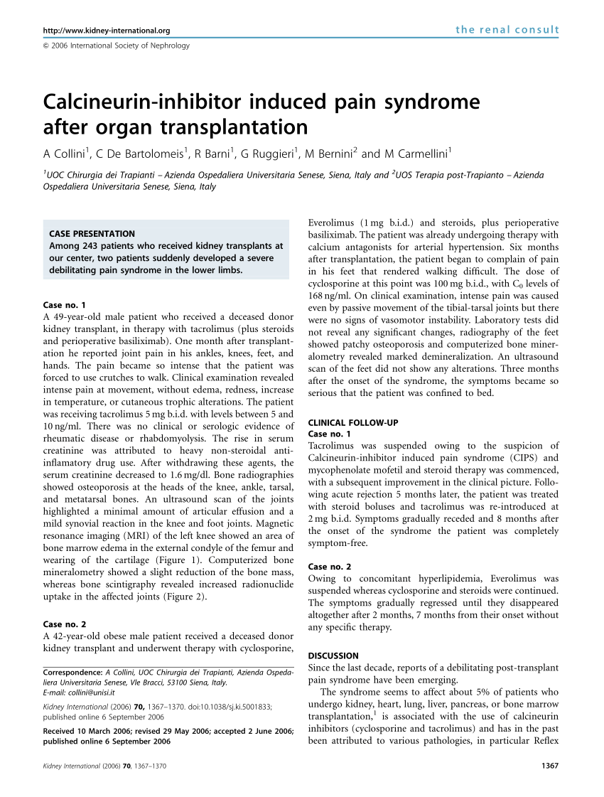 Pdf Calcineurin Inhibitor Induced Pain Syndrome After Organ Transplantation