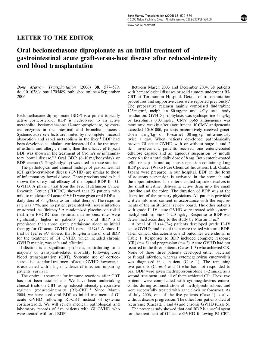 PDF) Oral beclomethasone dipropionate as an initial treatment of  gastrointestinal acute graft-versus-host disease after reduced-intensity  cord blood transplantation [3]
