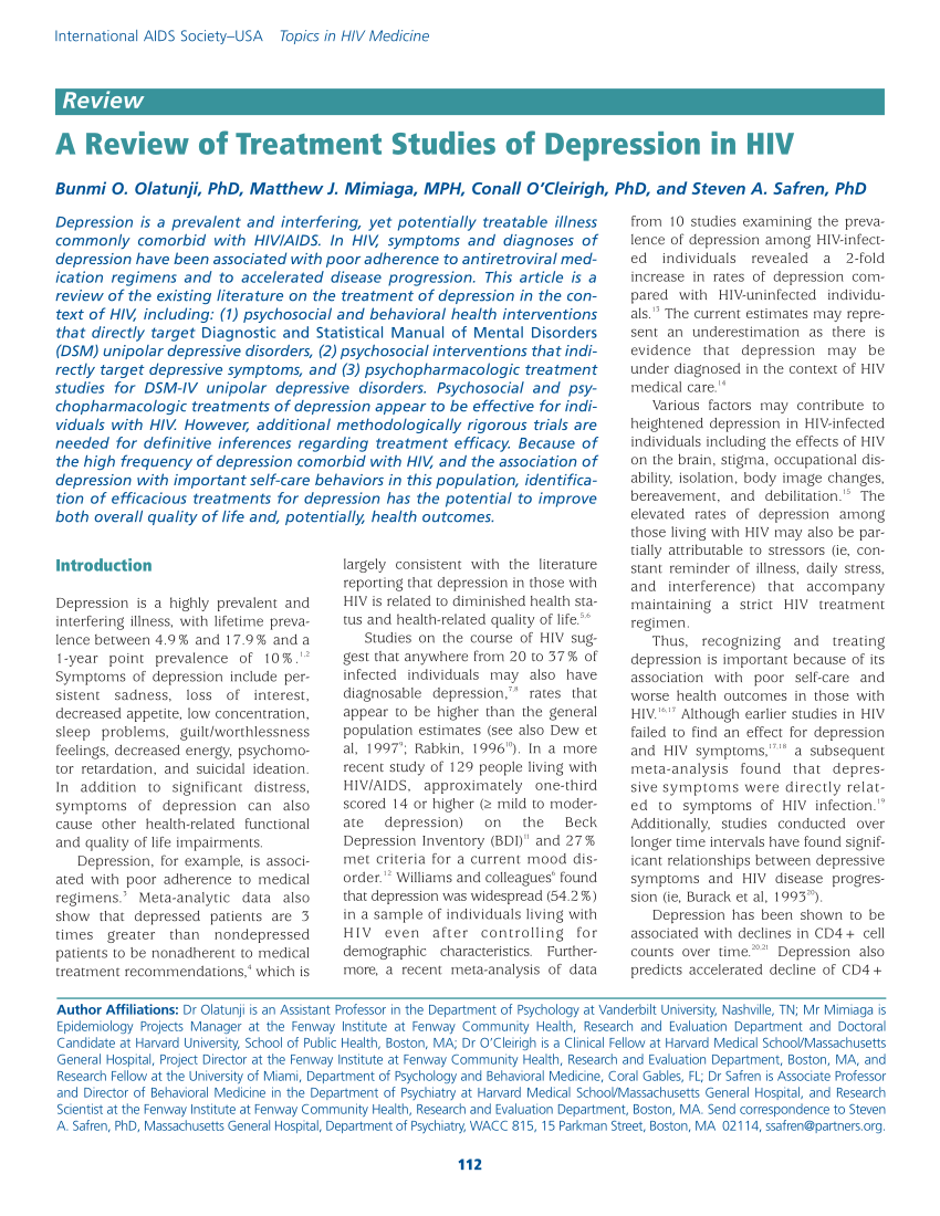 Depression in hiv infected patients a review