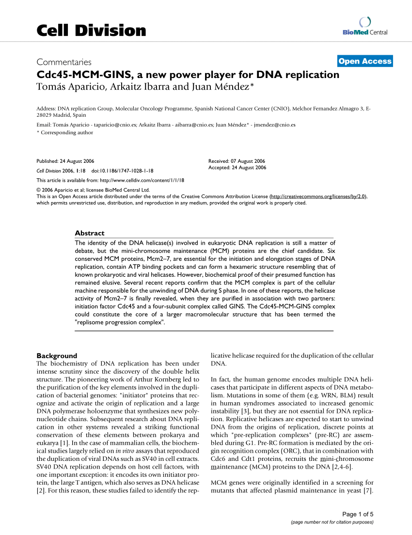 Pdf Cdc45 Mcm Gins A New Power Player For Dna Replication