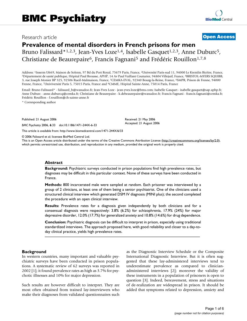 Pdf Prevalence Of Mental Disorders In French Prisons For Men