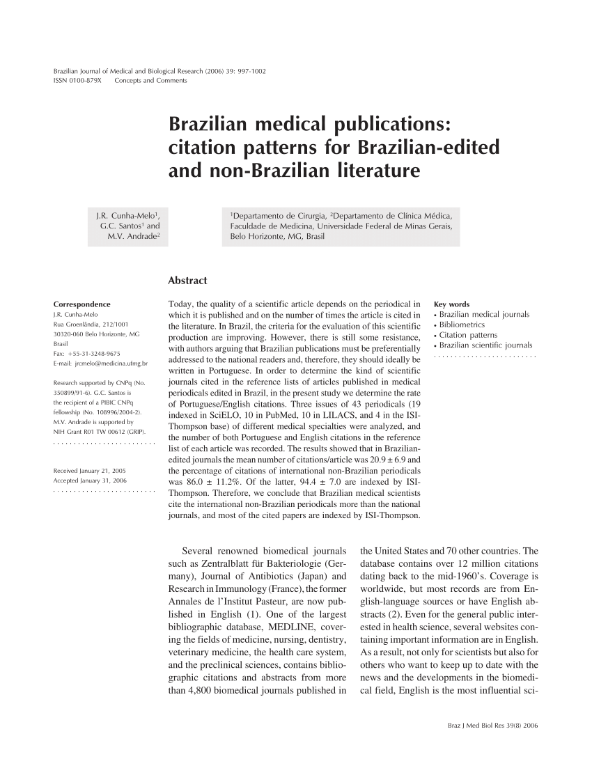 Pdf Brazilian Medical Publications Citation Patterns For Brazilian Edited And Non Brazilian Literature