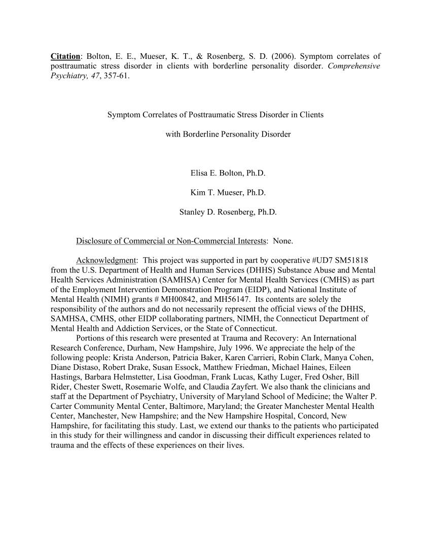 Pdf Symptom Correlates Of Posttraumatic Stress Disorder In Clients With Borderline Personality Disorder