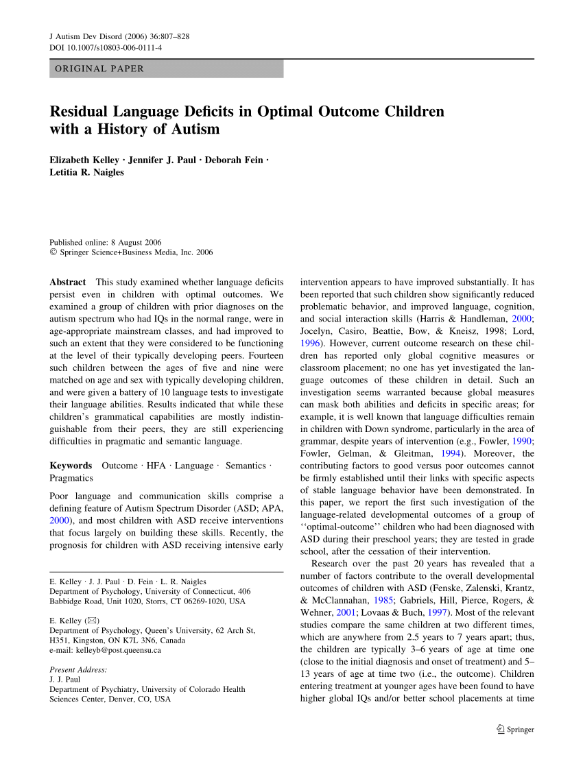 Pdf Residual Language Deficits In Optimal Outcome Children With A History Of Autism
