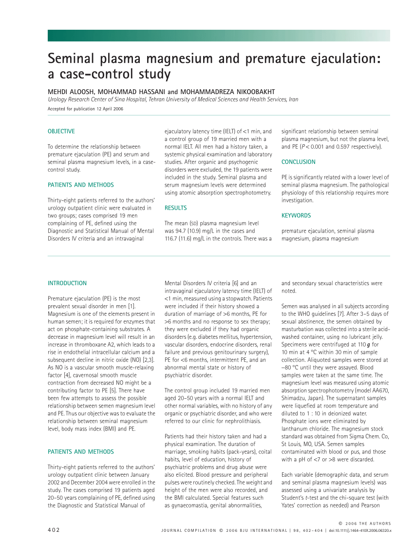 PDF Seminal plasma magnesium and premature ejaculation a case