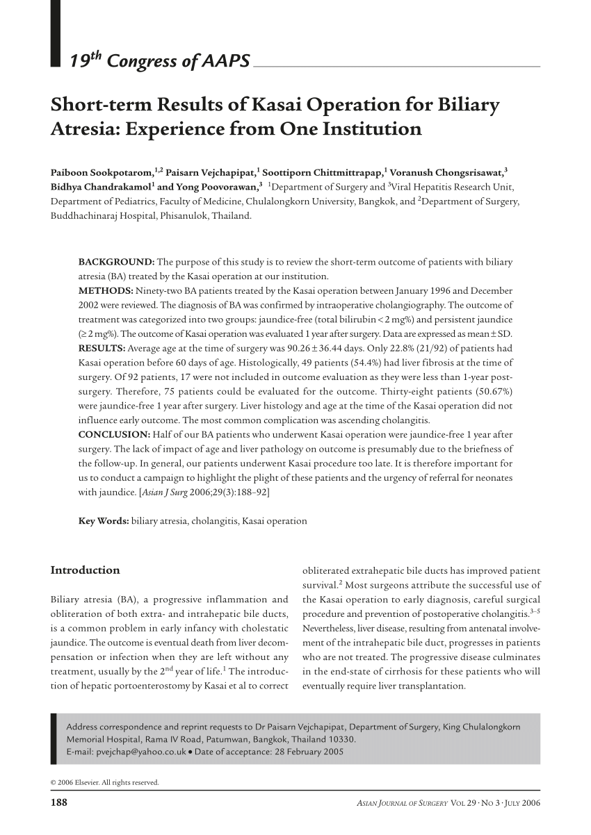 Pdf Short Term Results Of Kasai Operation For Biliary Atresia