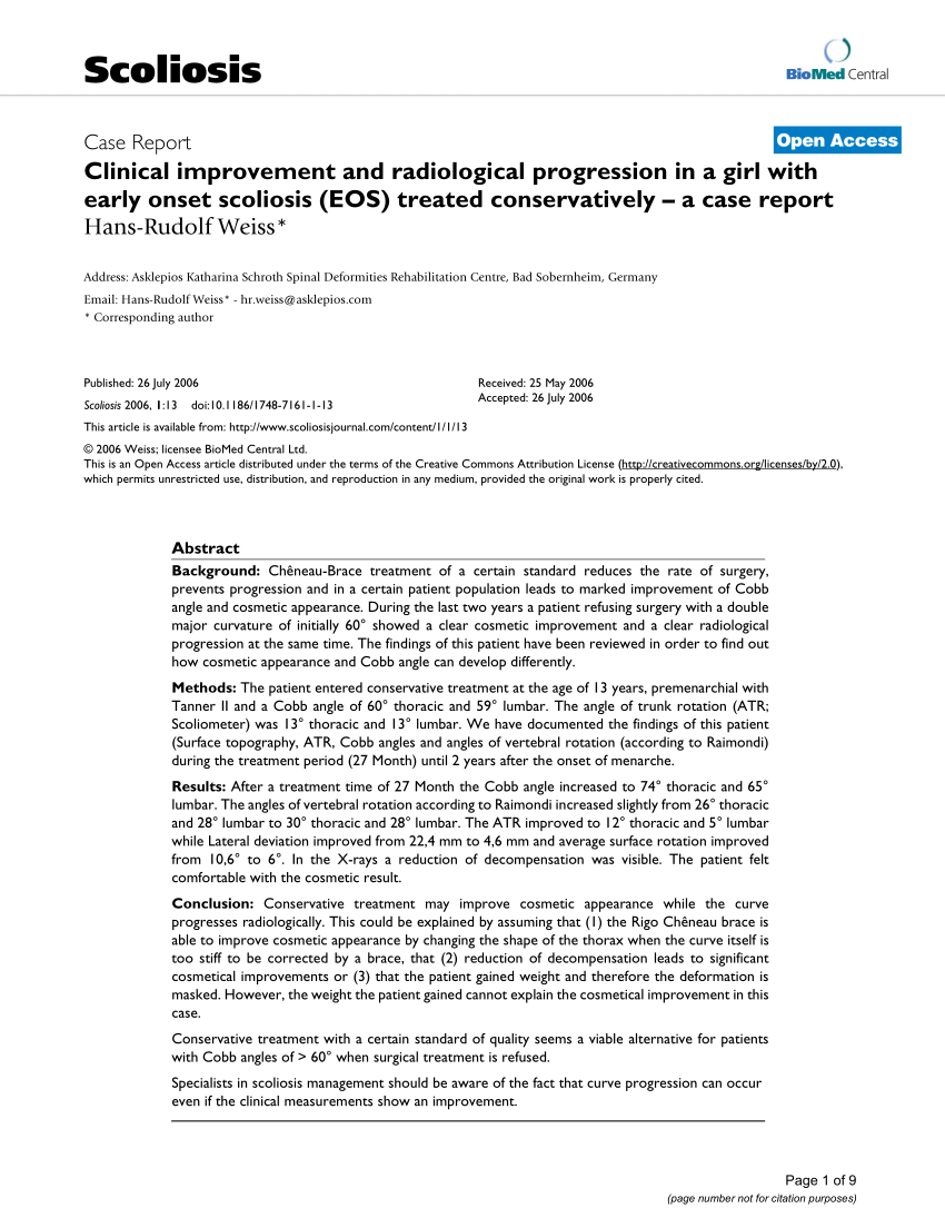 Pdf Clinical Improvement And Radiological Progression In A Girl With Early Onset Scoliosis Eos Treated Conservatively A Case Report