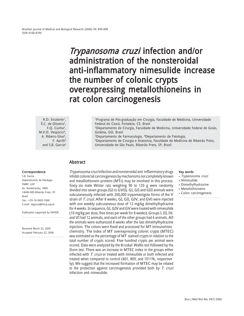 Pdf Trypanosoma Cruzi Infection And Or Administration Of The Nonsteroidal Anti Inflammatory Nimesulide Increase The Number Of Colonic Crypts Overexpressing Metallothioneins In Rat Colon Carcinogenesis
