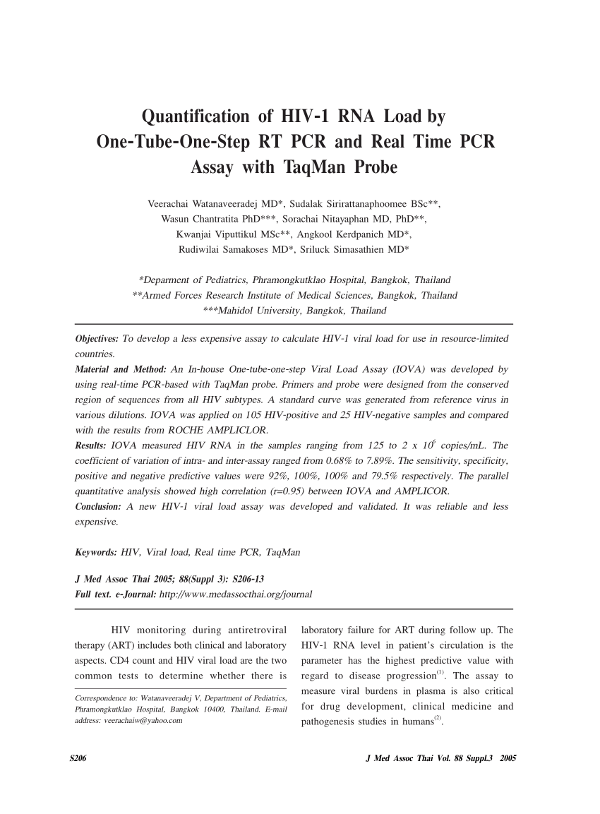Pdf Quantification Of Hiv 1 Rna Load By One Tube One Step Rt Pcr And Real Time Pcr Assay With Taqman Probe