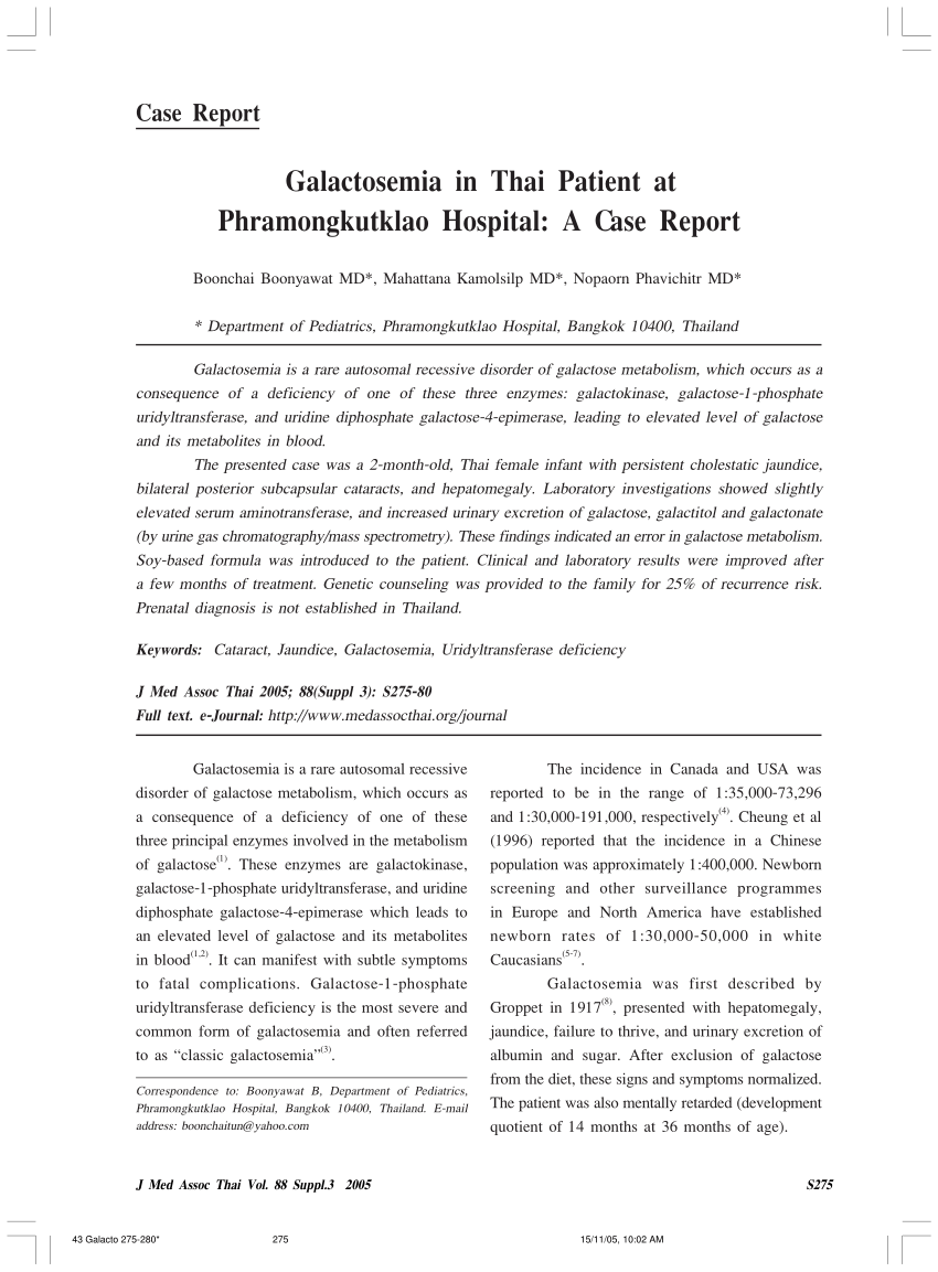 PDF) Galactosemia in Thai patient at Phramongkutklao hospital: A