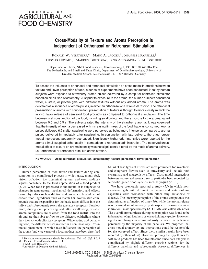 PDF) Cross-Modality of Aroma Perception Is Independent Orthonasal Retronasal Stimulation
