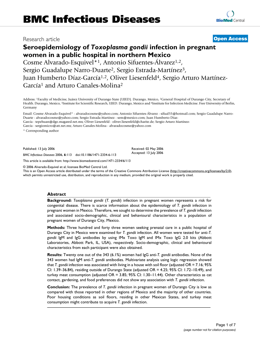 Pdf Seroepidemiology Of Toxoplasma Gondii Infection In Pregnant Women In A Public Hospital In Northern Mexico