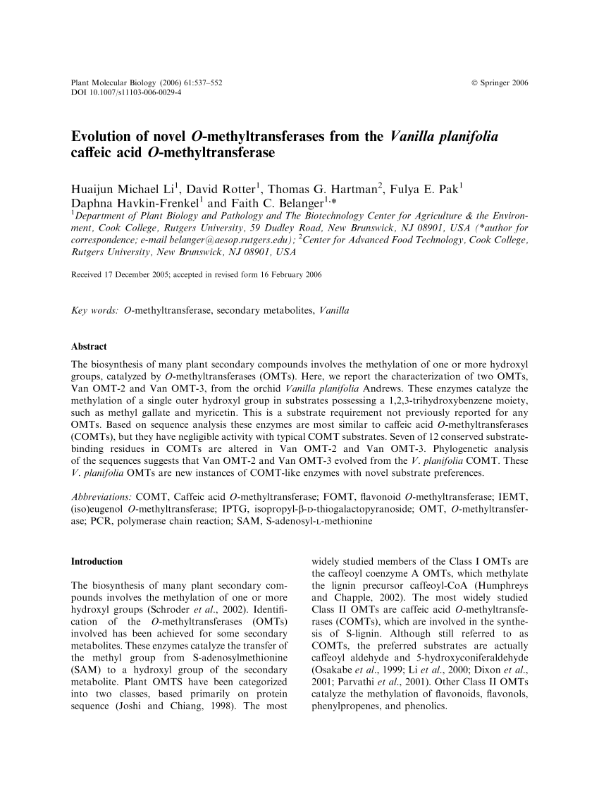 Pdf Evolution Of Novel O Methyltransferases From The Vanilla Planifolia Caffeic Acid O Methyltransferase